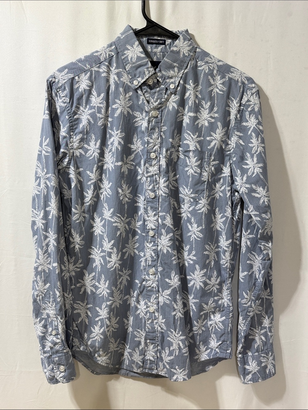 American Eagle Outfitters Light Blue Palm-Print Button-Down Shirt